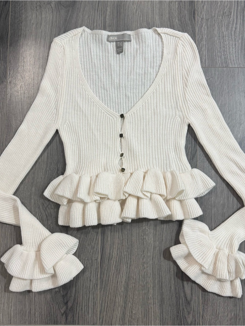 Asos Cream Ribbed Ruffle Cardigan